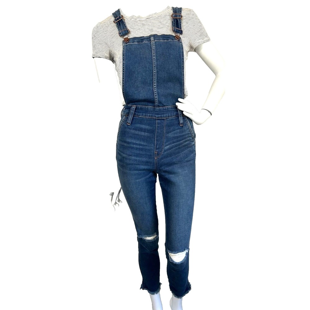 Madewell Skinny Denim Overalls XS Distressed Knee Raw Hem Roadtripper Side Zip